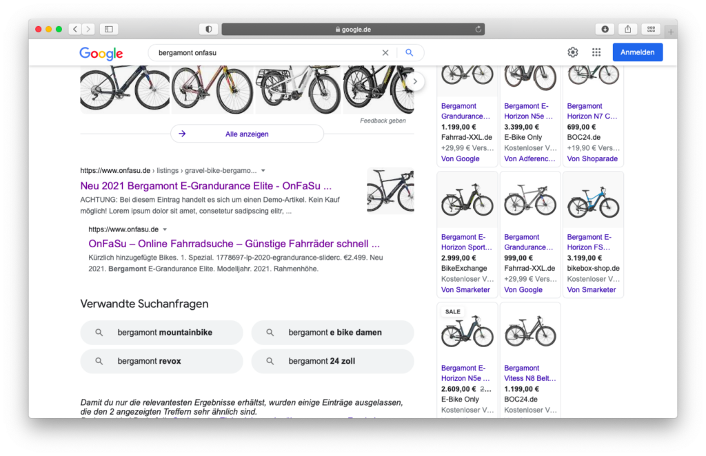 Google Ergebnisse der OnFaSu Bikes